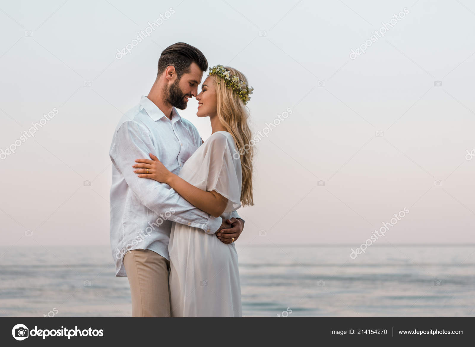 Side View Bride Groom Hugging Touching Noses Beach Stock Photo