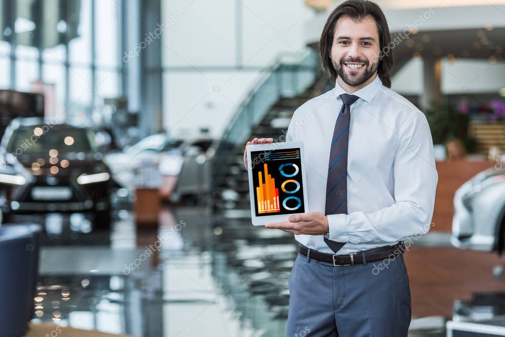 Portrait of cheerful dealership salon seller in formal wear showing tablet with infographic in hands