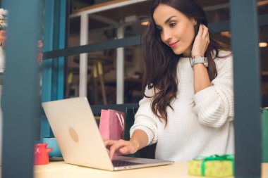 güzel kadın serbest meslek sahibi kafede masada laptop ile çalışma 