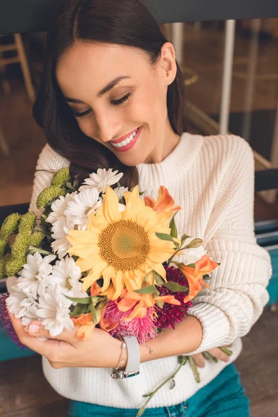 Smiling Young Woman Holding Colorful Bouquet Various Flowers Cafe — Stock Photo, Image