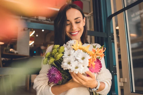 Selective Focus Young Woman Holding Colorful Bouquet Various Flowers Cafe — Stock Photo, Image