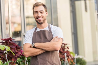 smiling handsome florist in apron standing with crossed arms near flower shop and looking at camera clipart