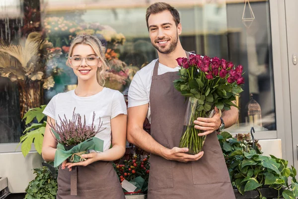Smiling florists standing near flower shop with potted plant and burgundy roses, looking at camera — Stock Image Smiling Florists Standing Flower Shop Potted Plant Burgundy Roses Looking Stock Photo