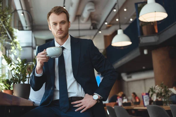 Retrato Empresário Elegante Terno Com Xícara Café Tendo Coffee Break — Fotografia de Stock