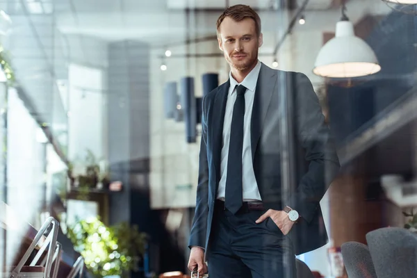 Portrait Smiling Businessman Stylish Suit Hand Pocket Standing Cafe — Stock Photo, Image