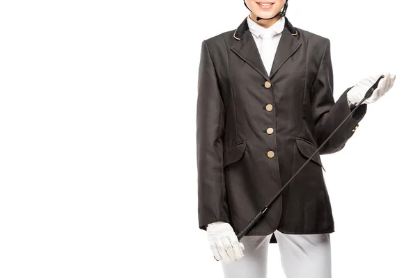 Cropped Shot Smiling Young Horsewoman Uniform Holding Horseman Stick Isolated — Free Stock Photo