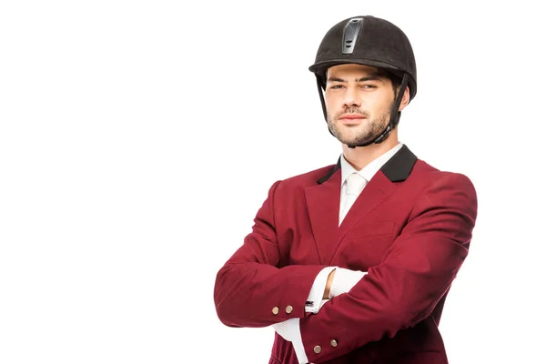 Handsome Young Horseman Uniform Helmet Looking Camera Crossed Arms Isolated — Stock Photo, Image