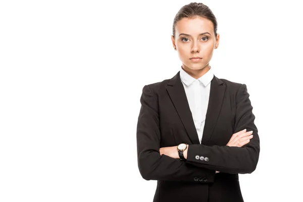 Young Businesswoman Jacket Looking Camera Crossed Arms Isolated White — Stock Photo, Image