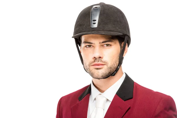 Close Portrait Handsome Young Horseman Uniform Helmet Looking Camera Isolated — Free Stock Photo