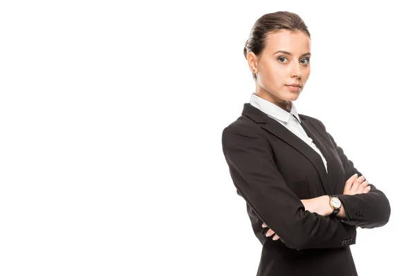 Beautiful Young Businesswoman Suit Looking Camera Crossed Arms Isolated White — Stock Photo, Image