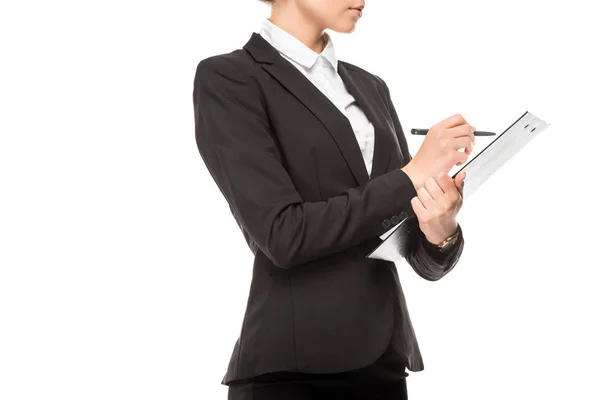 Cropped Shot Young Businesswoman Writing Clipboard Isolated White — Stock Photo, Image
