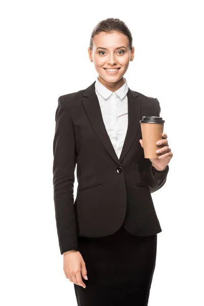 Beautiful Young Businesswoman Holding Paper Cup Coffee Looking Camera Isolated — Free Stock Photo