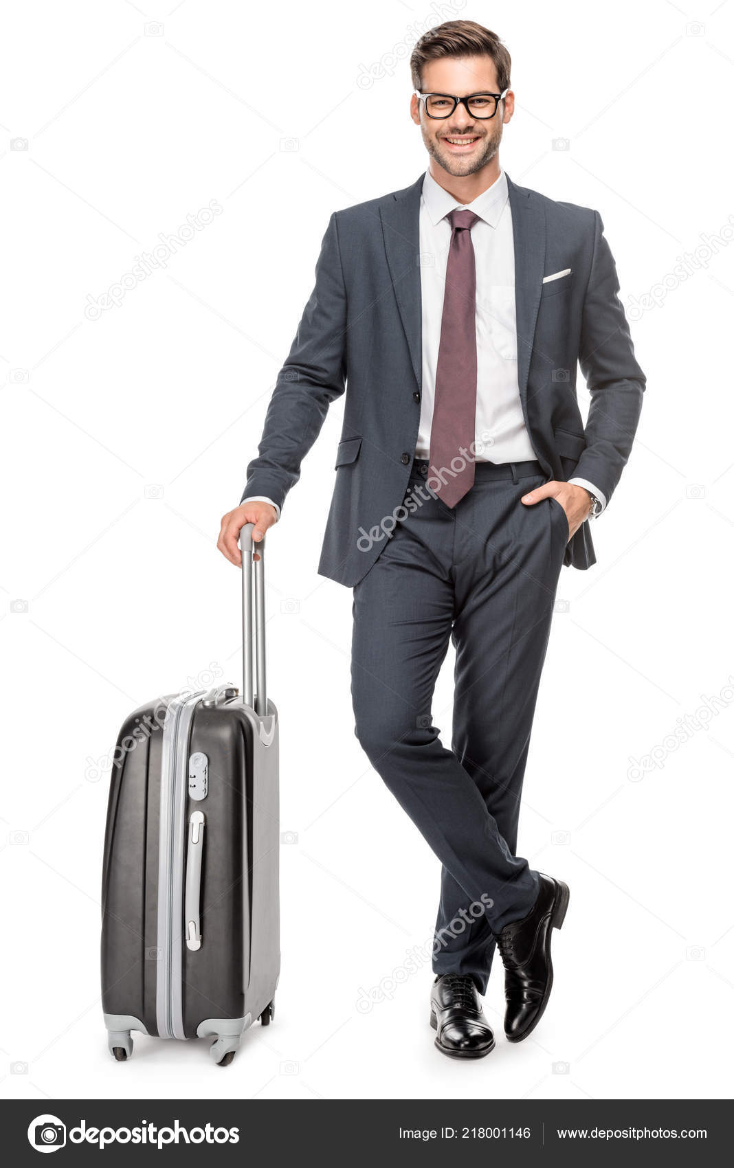 Happy Young Businessman Luggage Looking Camera Isolated White Stock Photo AllaSerebrina 218001146