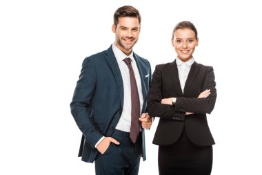 successful young business partners in stylish suits looking at camera isolated on white clipart