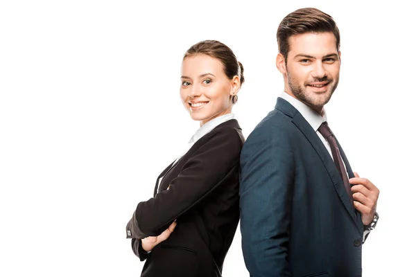 Happy Young Business Partners Leaning Back Back Looking Camera Isolated — Stock Photo, Image