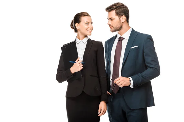 Attractive Young Business Partners Flirting Isolated White — Stock Photo, Image