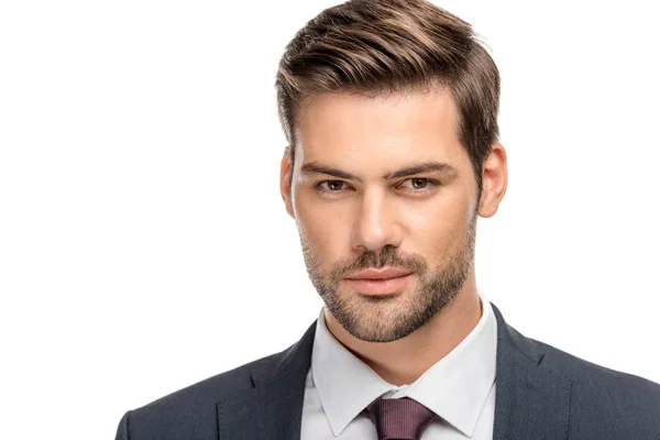 Primer Plano Retrato Joven Hombre Negocios Guapo Chaqueta Mirando Cámara — Foto de Stock