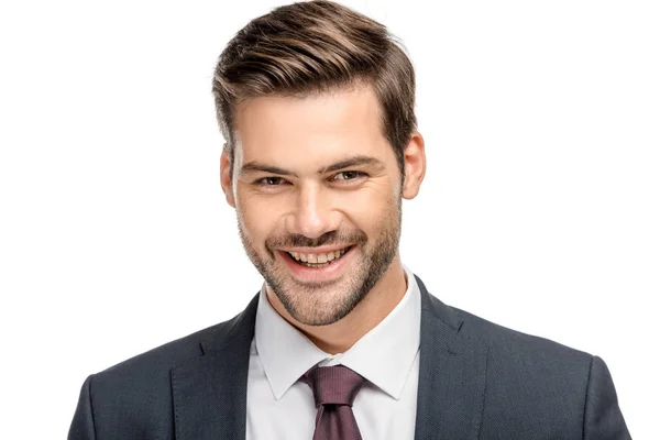 Portrait Smiling Young Businessman Jacket Looking Camera Isolated White — Stock Photo, Image