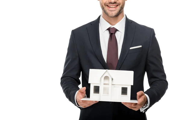 Partial View Young Male Architect Formal Suit Showing Miniature House — Stock Photo, Image