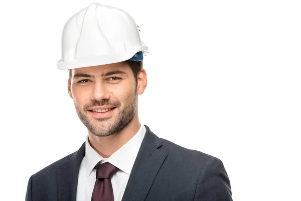 Retrato Joven Arquitecto Masculino Casco Mirando Cámara Aislada Blanco — Foto de Stock