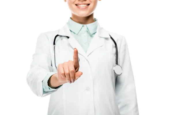 Partial View Smiling Female Doctor Medical Coat Pointing Camera Finger — Stock Photo, Image