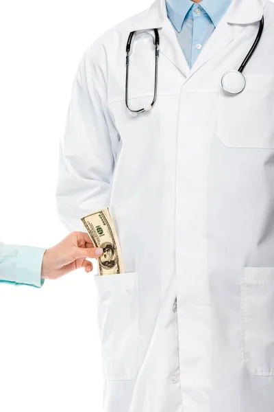 Cropped Image Female Patient Putting Bribe Pocket Young Male Doctor — Stock Photo, Image