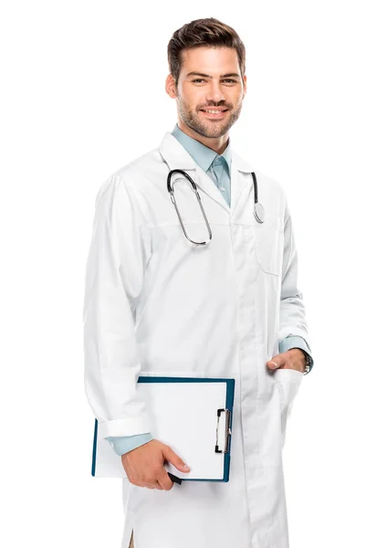 Cheerful Young Male Doctor Stethoscope Neck Holding Clipboard Isolated White — Stock Photo, Image