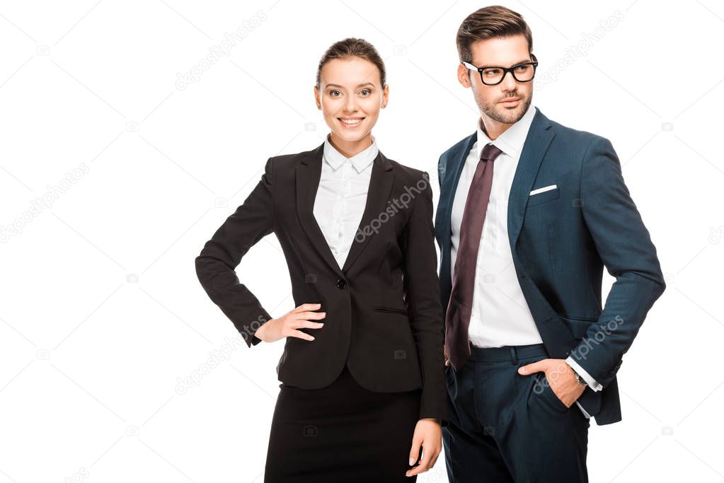 attractive young business partners in stylish suits isolated on white