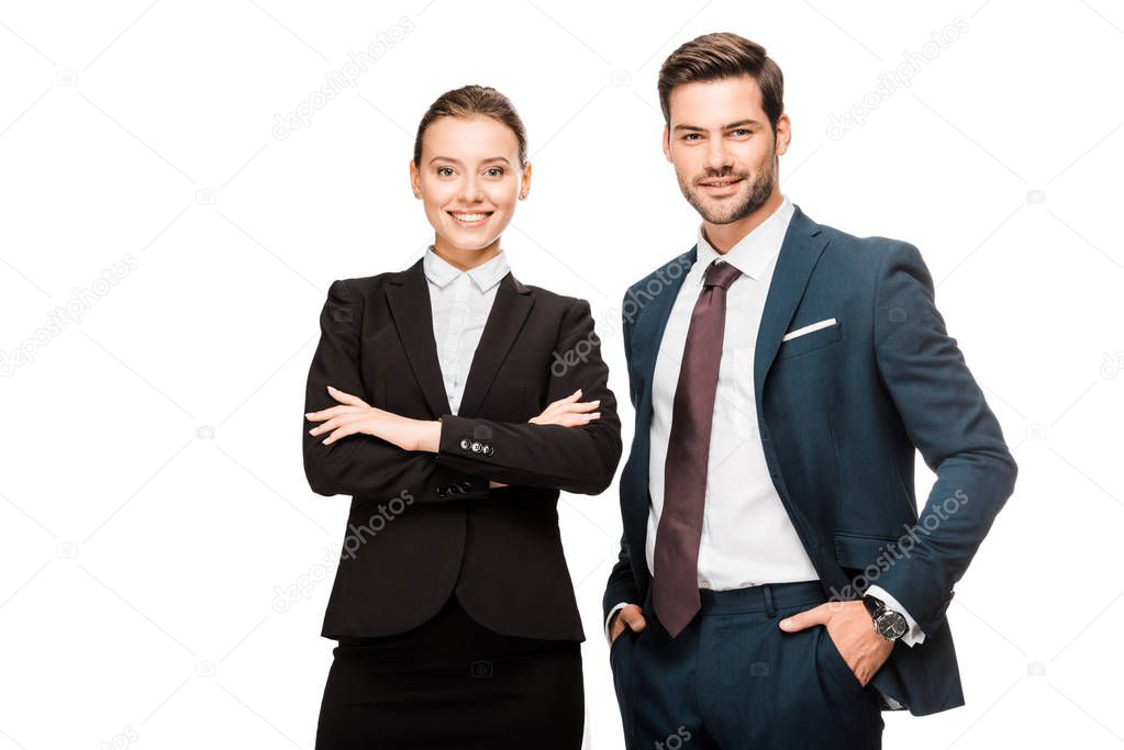 happy young business partners looking at camera isolated on white