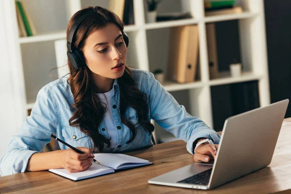 Portrait Focused Woman Headphones Taking Part Webinar Office — Stock Photo, Image