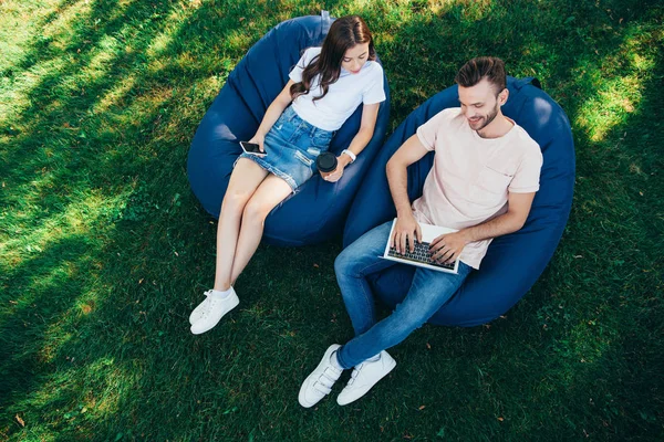 High Angle View Colleagues Taking Part Webinar Bean Bag Chairs — Stock Photo, Image