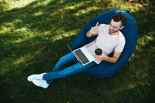 High Angle View Handsome Man Taking Part Webinar Showing Peace — Stock Photo, Image