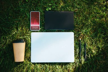 üstten görünüm kursları cihaz ve Park yeşil çimenlerin üzerinde kağıt bardak kahve ile Smartphone