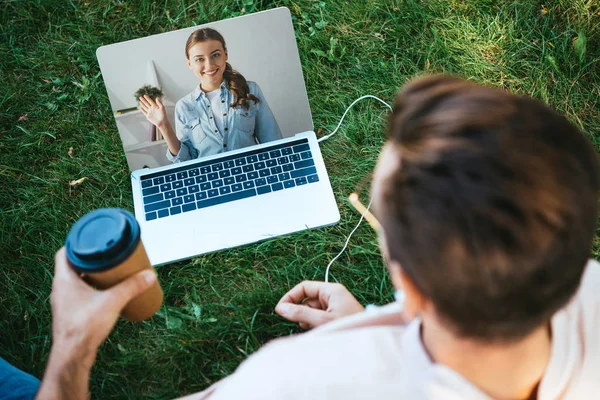 High Angle View Colleagues Taking Part Webinar Outdoors — Stock Photo, Image