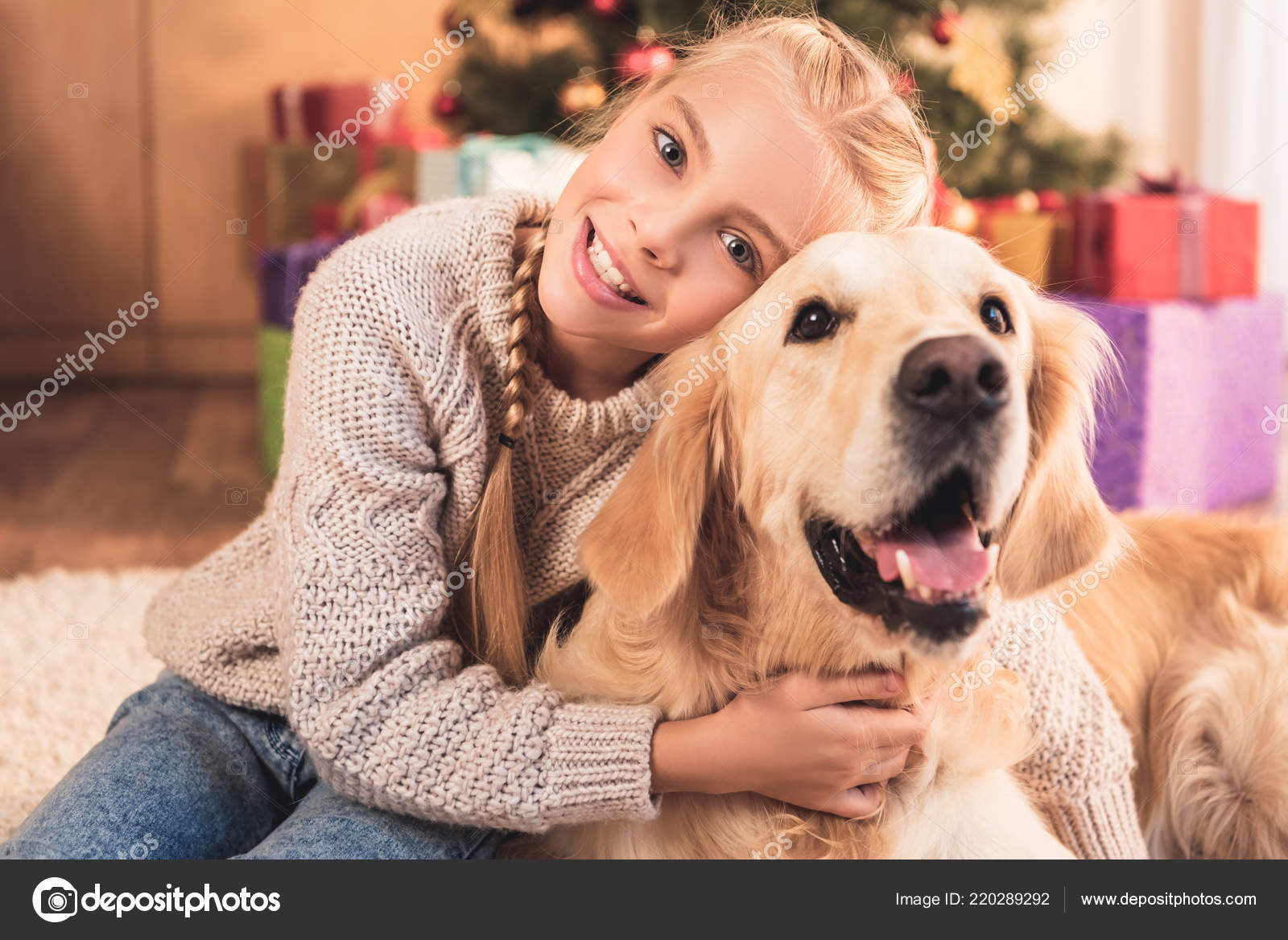 Smiling Kid Hugging Golden Retriever Dog Sitting Christmas Tree Stock Photo Image By C Allaserebrina 220289292