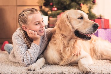Genç ve komik köpek evde yılbaşı ağacının yanında yalan gülümseyen