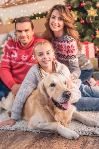 Smiling Family Daughter Golden Retriever Dog Sitting Christmas Tree Gifts — Stock Photo, Image