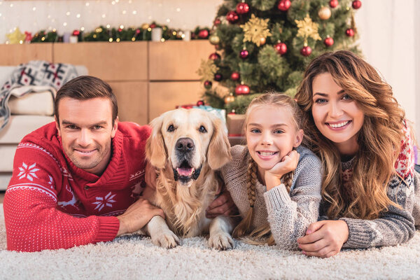 семья с золотой собакой-ретривером, лежащей рядом с елкой
