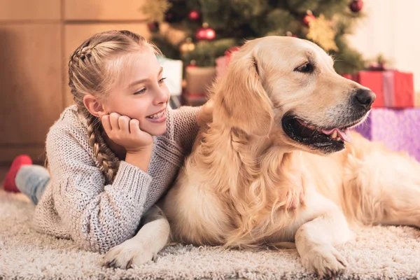 Smiling Youngster Funny Dog Lying Christmas Tree Home Stock Picture