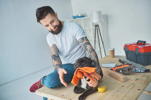 Tätowierter Mann Spielt Mit Französischer Bulldogge Mit Schutzhandschuhen Auf Holzfläche — Stockfoto