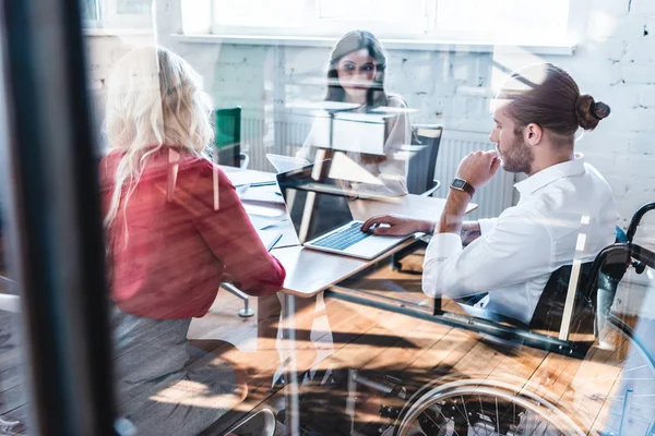 View Glass Young Businessman Wheelchair Working Colleagues Office — Stock Photo, Image