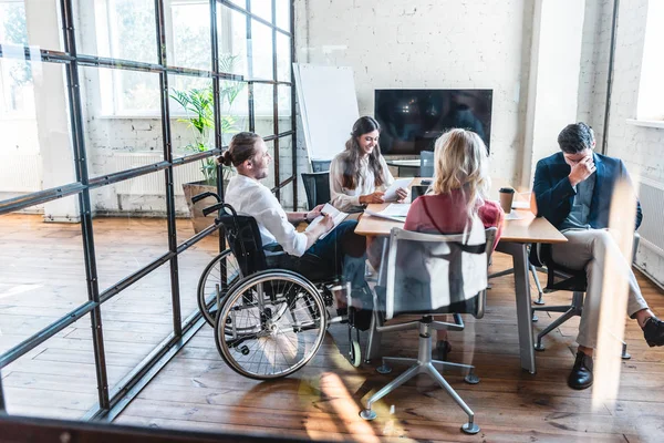 Young Businessman Wheelchair Working Colleagues Office — Stock Photo, Image