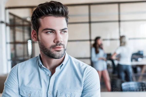 Portrait Handsome Pensive Young Businessman Looking Away Office — Stock Photo, Image