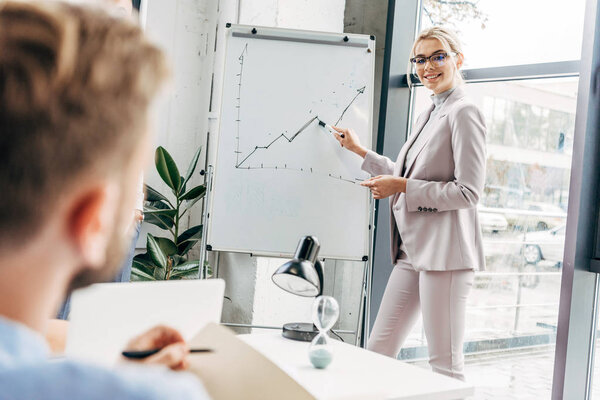 smiling young businesswoman standing near whiteboard and looking at colleague in office