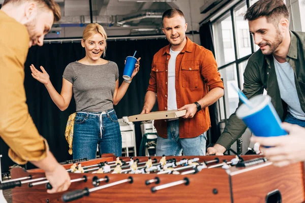 Group Happy Casual Business People Playing Table Football Pizza Office — Stock Photo, Image