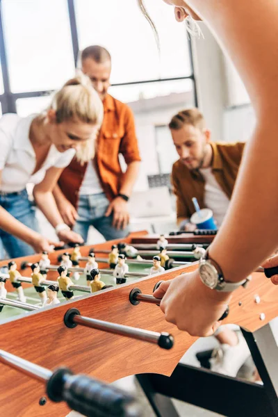 Cropped Shot Young Casual Business People Playing Table Football Office — Stock Photo, Image