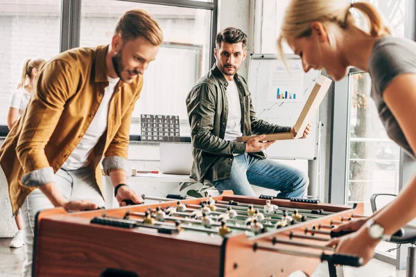Group Happy Young Casual Business People Playing Table Football Office — Stock Photo, Image