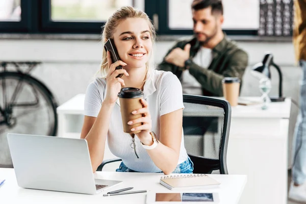 Attractive Young Woman Talking Phone Drinking Coffee Office Colleague Background — Stock Photo, Image