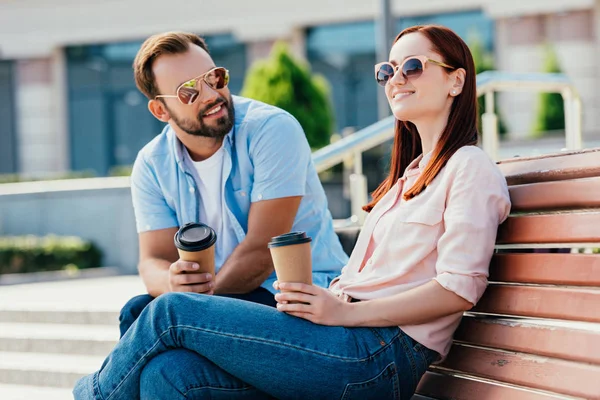 Smiling Handsome Boyfriend Wheelchair Girlfriend Disposable Coffee Cups Street — Stock Photo, Image