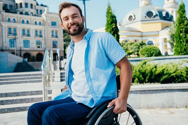 Cheerful Handsome Man Wheelchair Looking Camera Street — Stock Photo, Image